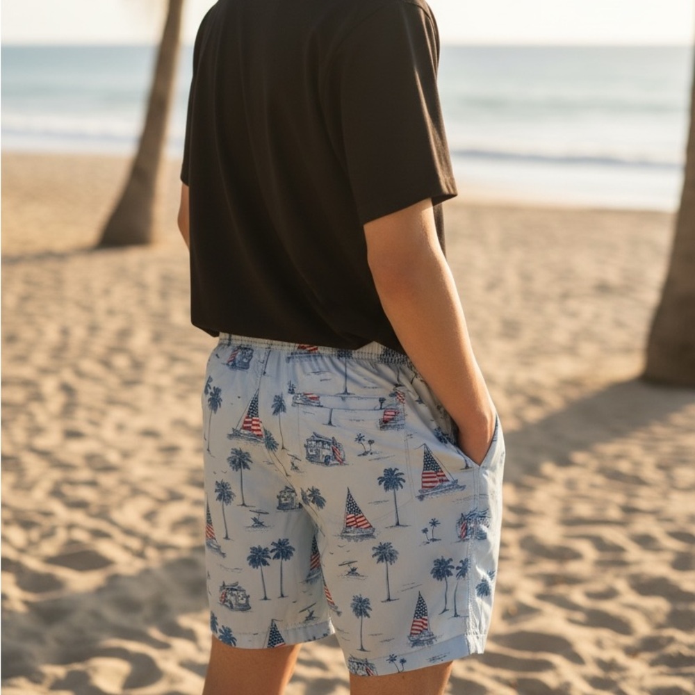 Free People Light Gray Palm & Flag Print Swim Trunks